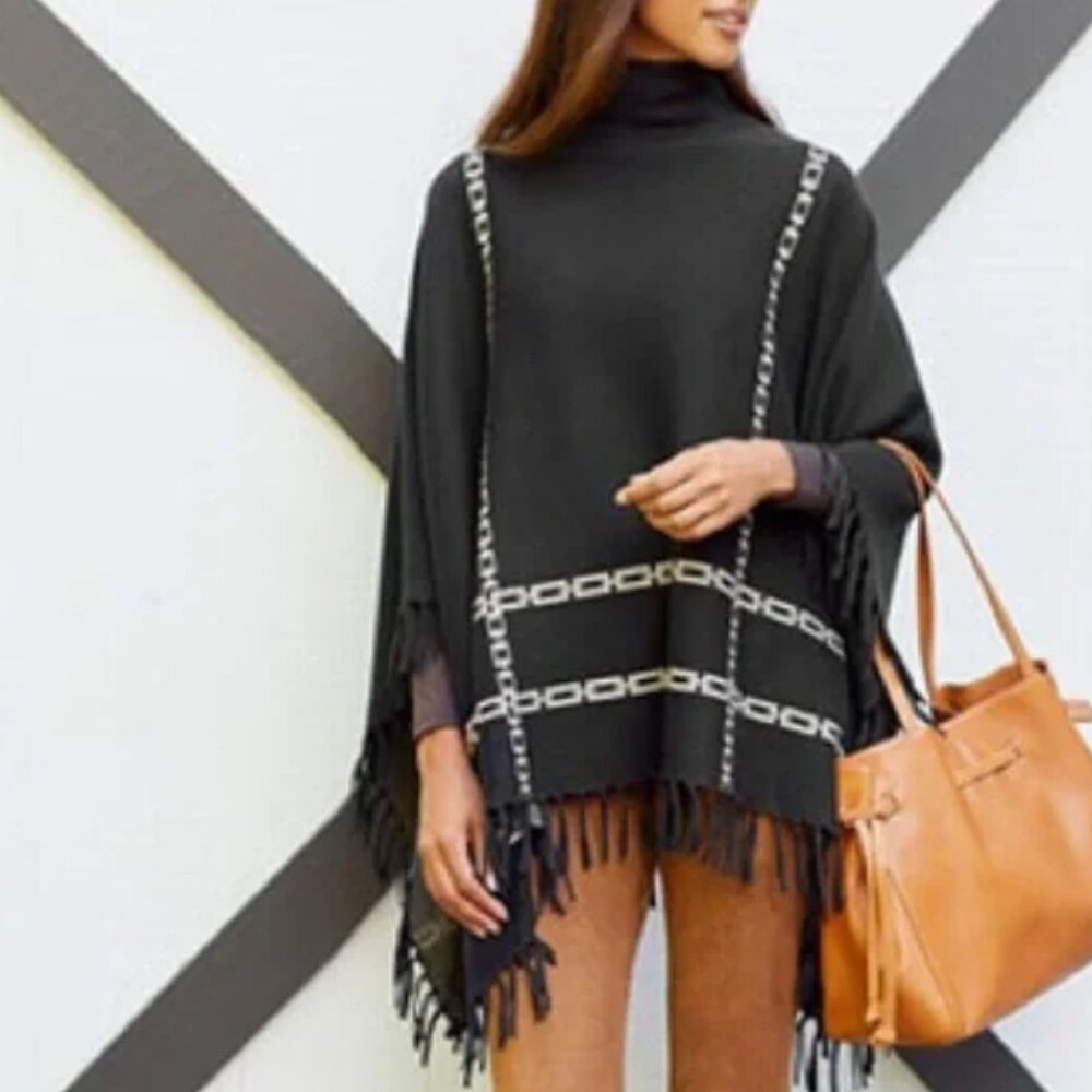 Like New | J.McLaughlin Garnet Modal Blend Fringe Poncho Chain Link | One Size